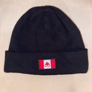 Moose Knuckle Black Knit Beanie with Red/White Logo - Men's Accessory